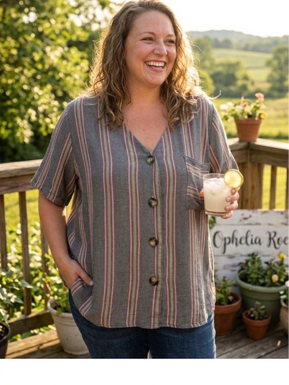 Ophelia Roe Deep V-Neck Stripped Large Button Up Boxy Top 2X